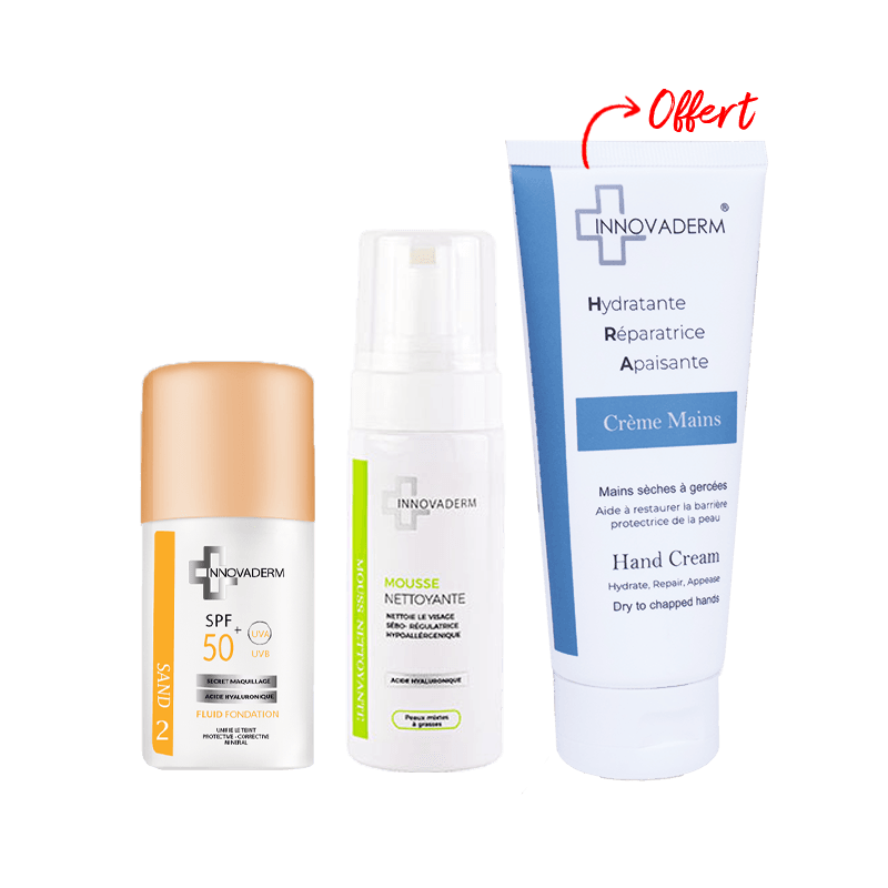 INNOVADERM Fond de Teint + Mousse Nettoyante + Crème Mains