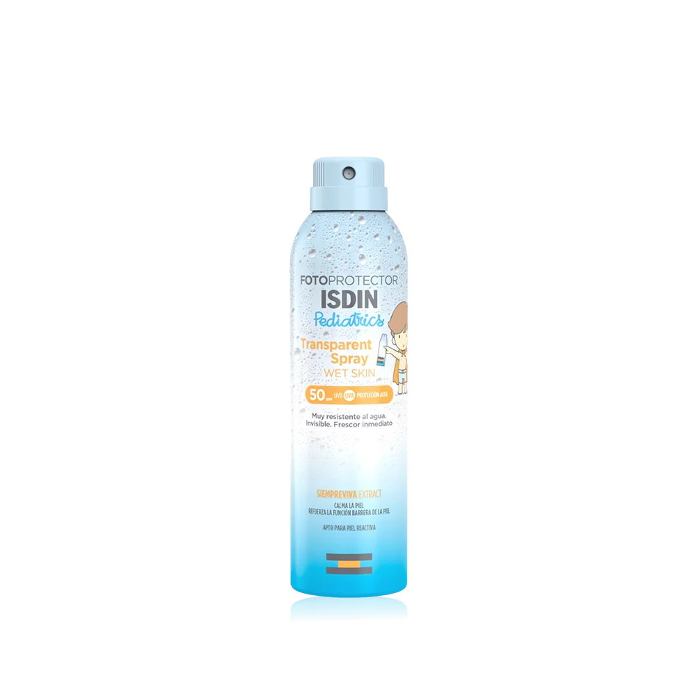 Spray solaire transparent ISDIN Pediatrics Fotoprotector pour peau mouillée.