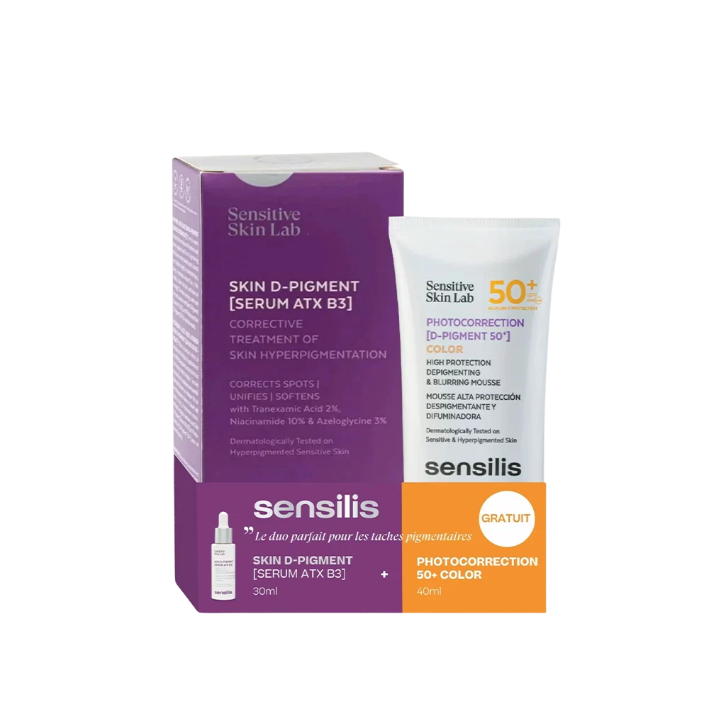Sensilis Sensitive Skin Lab, Skin D-Pigment, Sérum ATX B3 et Photocorrection 50+ Color, traitement des taches pigmentaires.
