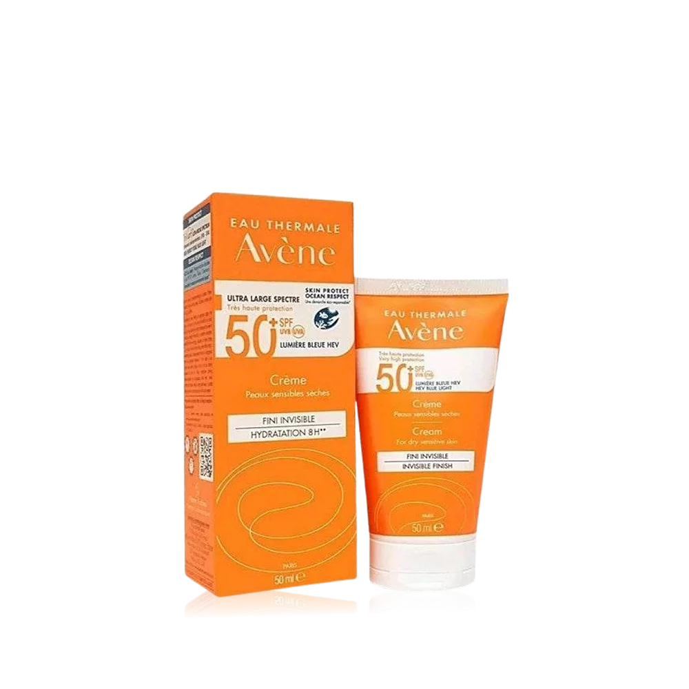 Crème solaire Avene SPF 50+ pour peaux sensibles sèches.