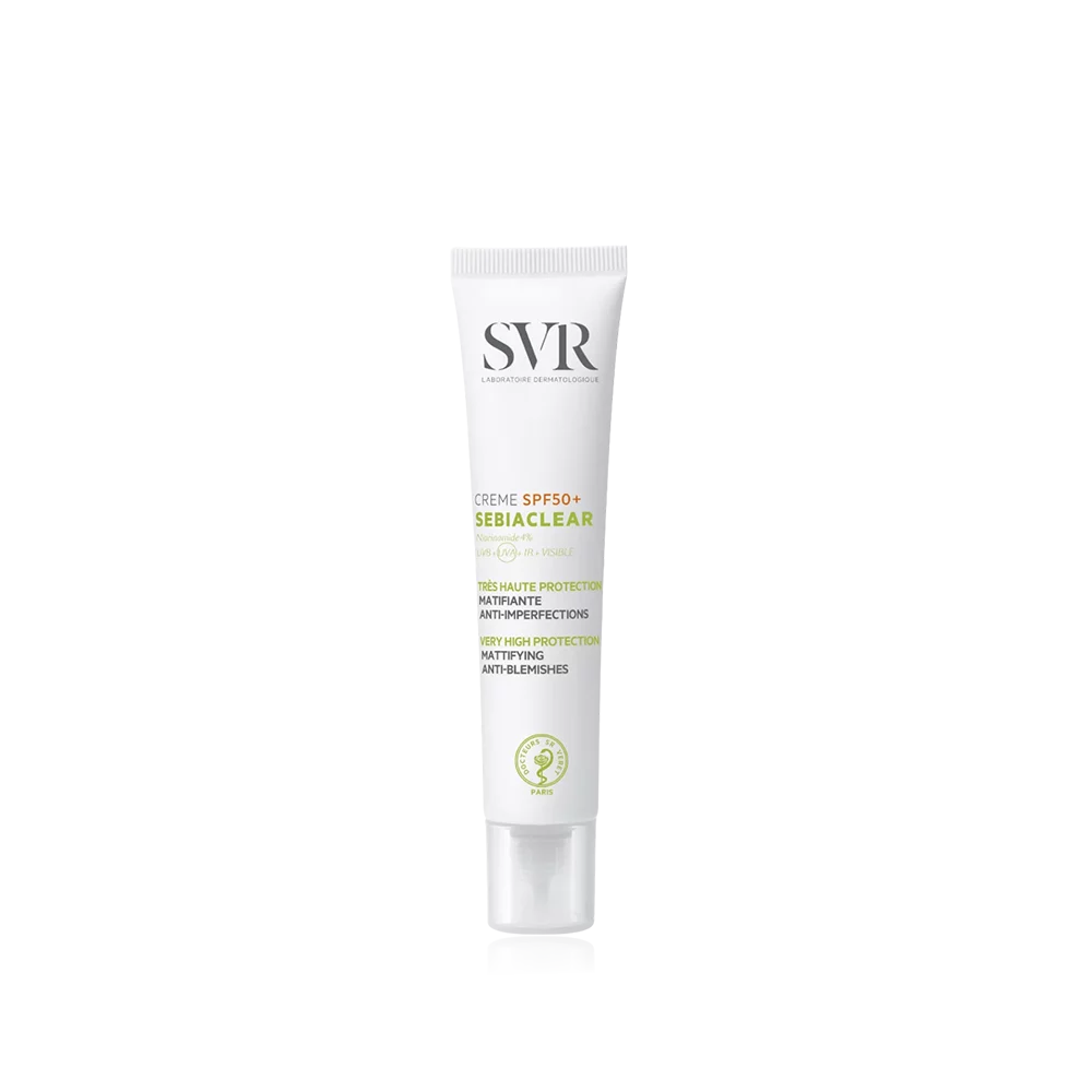 Crème solaire Sebiaclear SPF50+ de SVR, protection élevée matifiante anti-imperfections.
