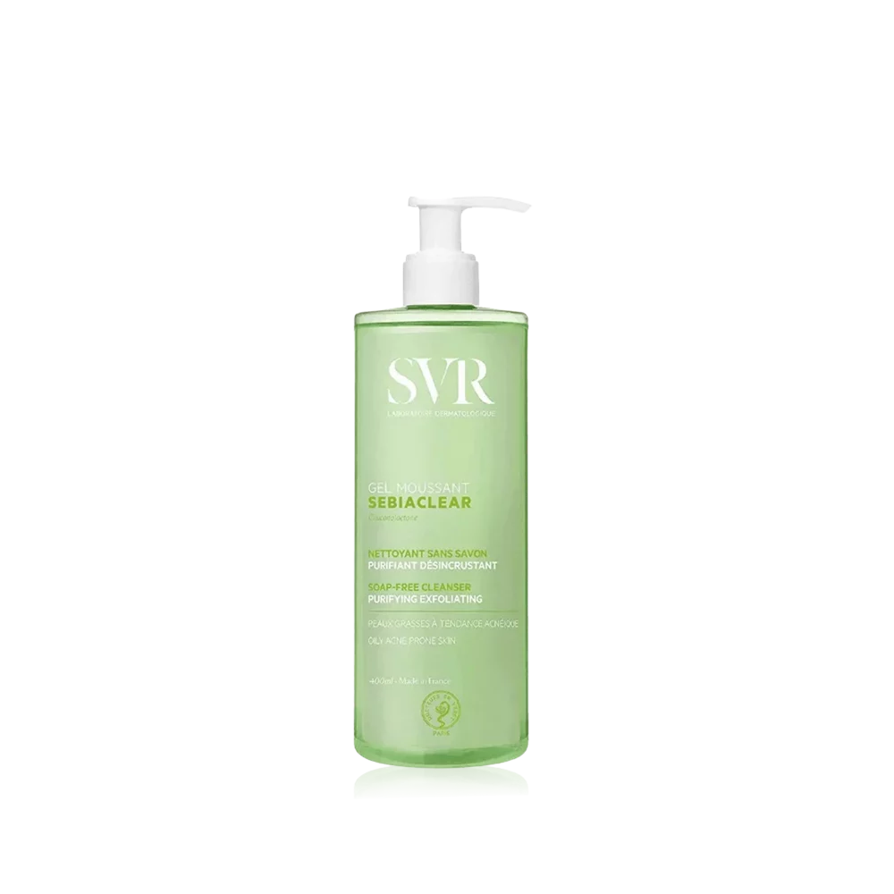 Gel moussant Sebiaclear de SVR, nettoyant sans savon pour peaux grasses à tendance acnéique.