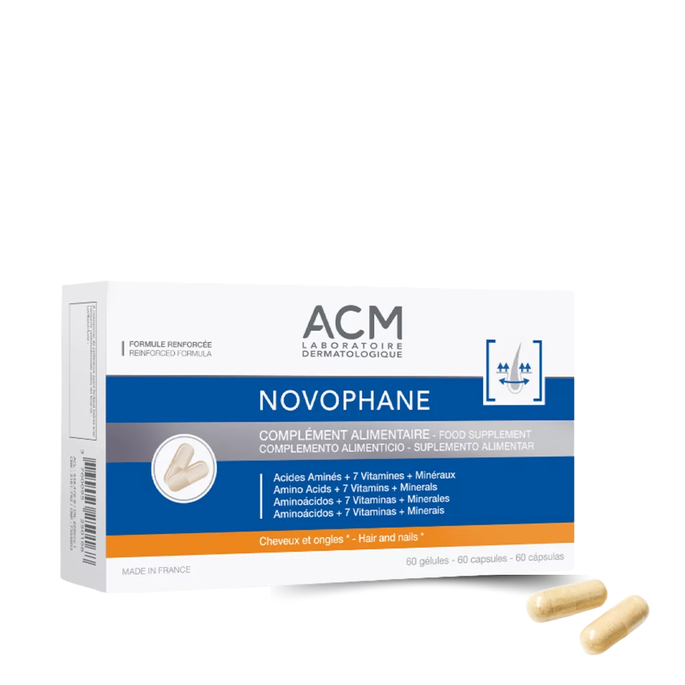 Complément alimentaire Novophane ACM Laboratoire Dermatologique pour cheveux et ongles.