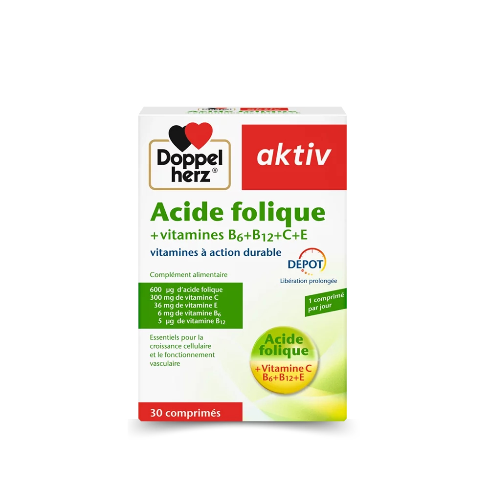 Complément alimentaire Doppel Herz Acide folique + vitamines B6+B12+C+E.