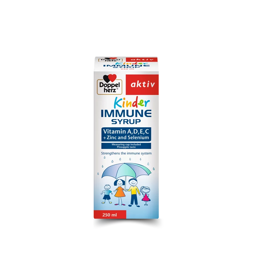 Sirop immunitaire Kinder Doppel Herz, 250ml, vitamines A, D, E, C + Zinc et Sélénium.