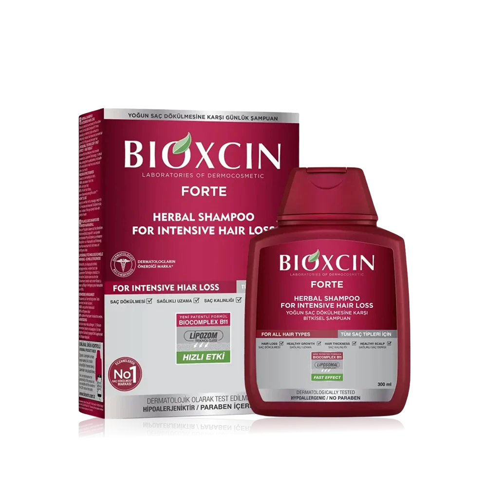 Shampooing Bioxcin Forte pour perte de cheveux intense.
