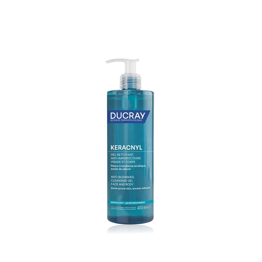 Gel nettoyant Keracnyl Ducray anti-imperfections visage et corps.