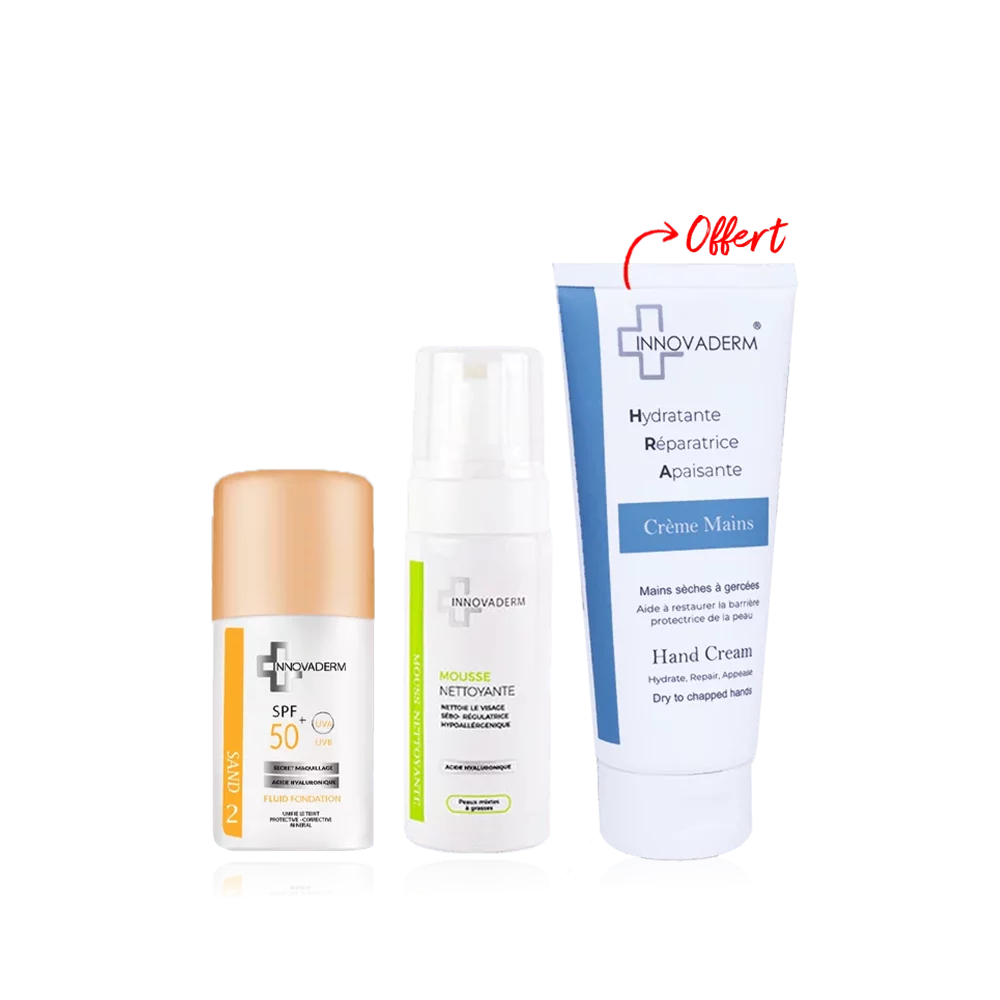 Innovaderm Fond De Teint + Mousse Nettoyante + Crème Mains