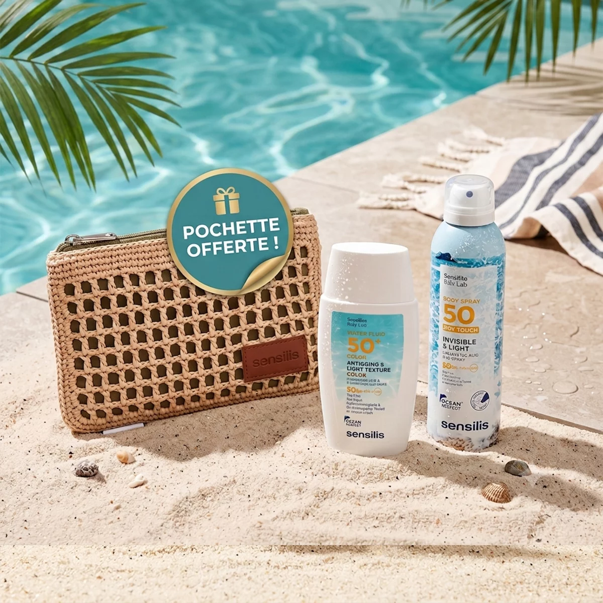 Crème solaire Sensilis, spray solaire Sensilis et pochette.
