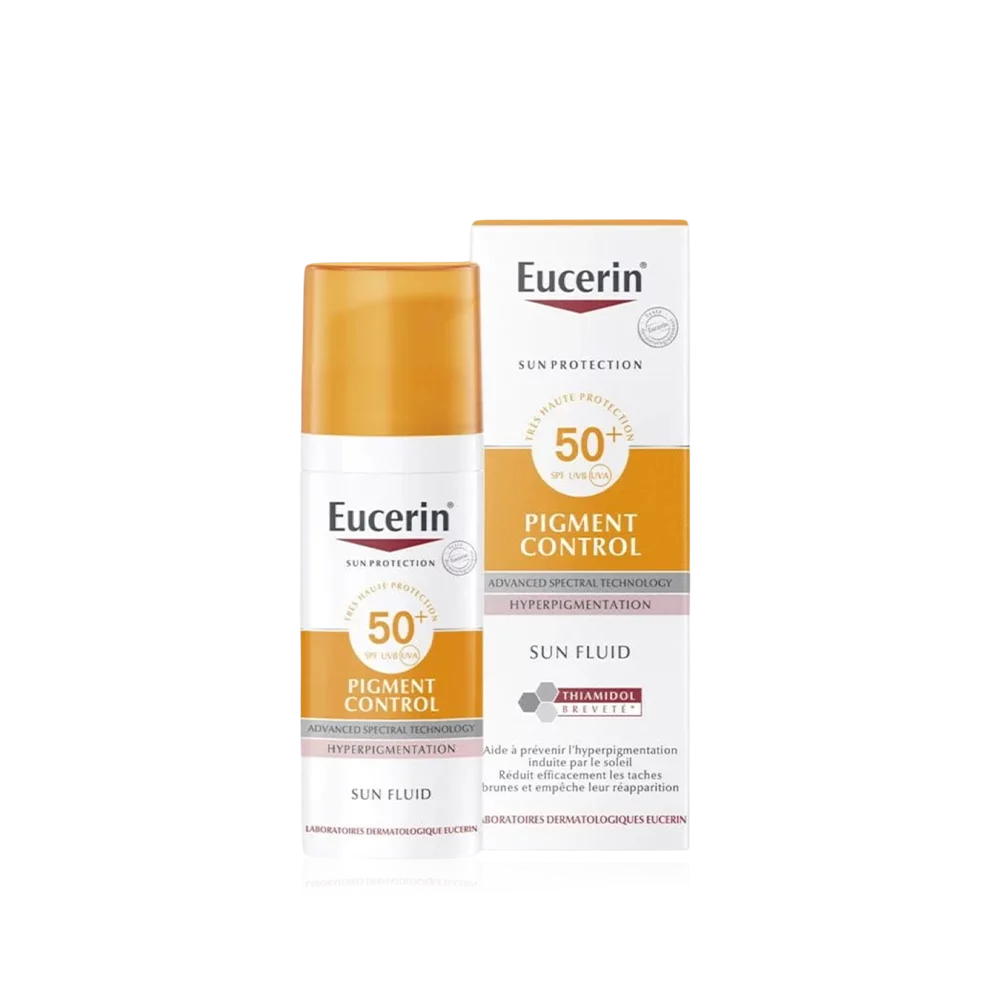 Eucerin Sun Fluid Pigment Control SPF 50+ pour prévenir l'hyperpigmentation.