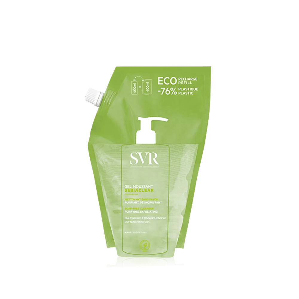 Gel moussant Sebiaclear de SVR, nettoyant sans savon pour peaux grasses à tendance acnéique.