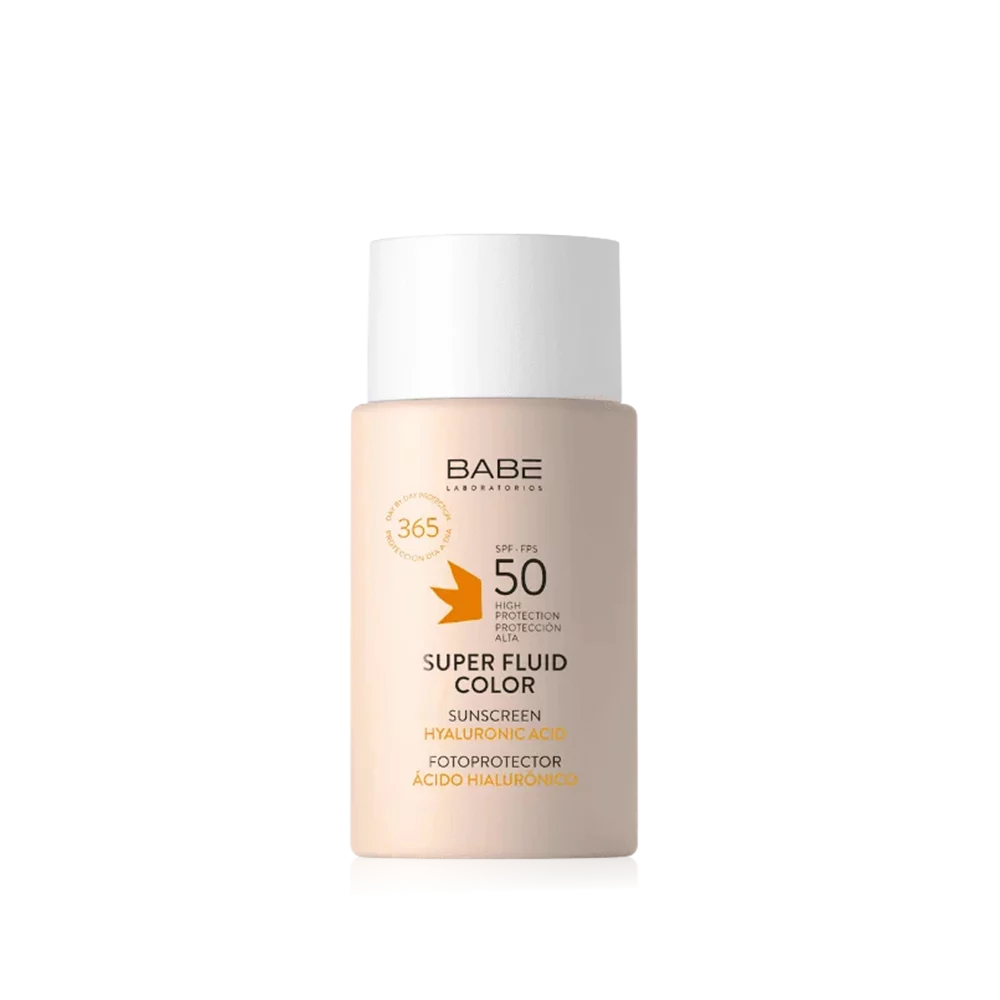 Crème solaire Babe Super Fluid Color SPF 50 avec acide hyaluronique.