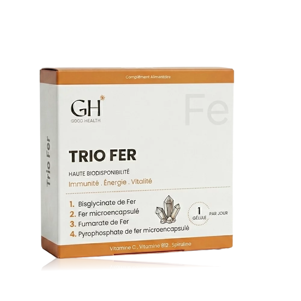 Complément alimentaire Trio Fer de Good Health, boîte de gélules pour l'immunité, l'énergie et la vitalité.