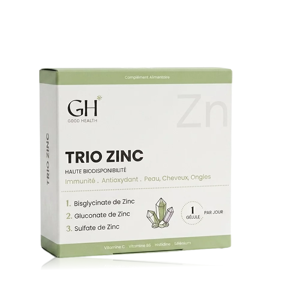 Complément alimentaire Trio Zinc de Good Health, pour l'immunité et la santé de la peau, cheveux et ongles.