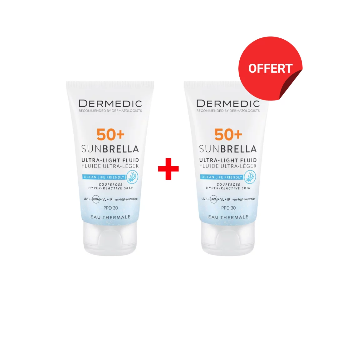 Duo Dermedic Sunbrella Fluide Ultra Léger SPF 50+ avec 2ème tube offert, pour peaux mixtes et grasses
