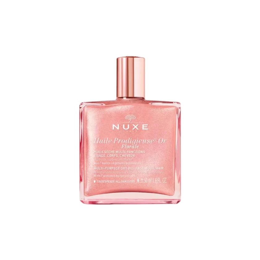 NUXE Huile Prodigieuse Or Florale 50ml, huile sèche pailletée éclat or rose pour visage corps et cheveux