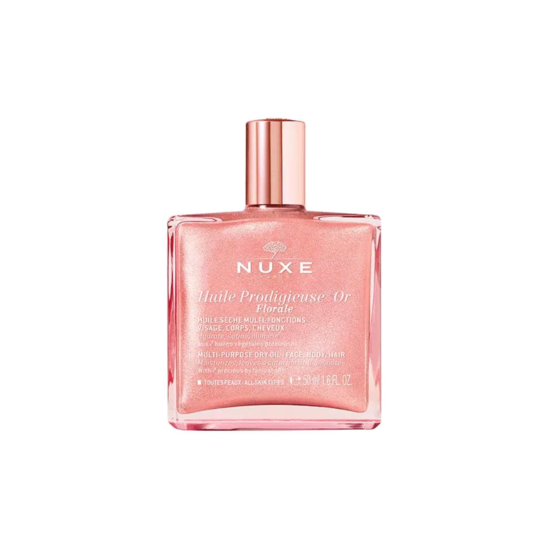 NUXE Huile Prodigieuse Or Florale 50ml, huile sèche pailletée éclat or rose pour visage corps et cheveux
