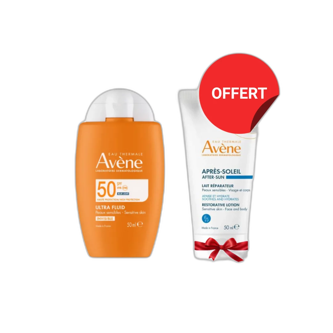 Pack Avène Ultra Fluid Invisible SPF50 50ml + Lait Après-Soleil réparateur 50ml OFFERT