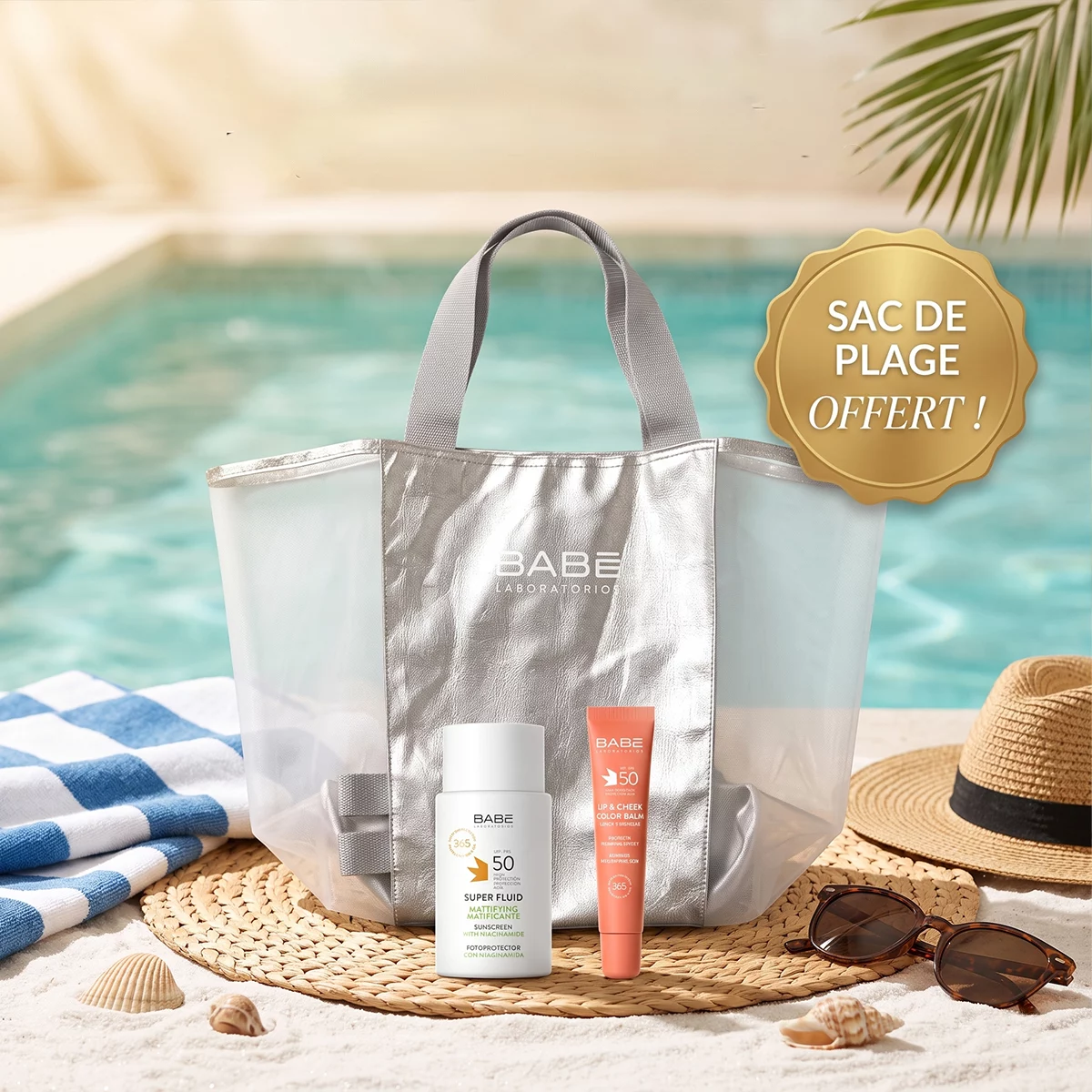 Le pack glow Babé contient : écran super fluid matifiant SPF 50 + Lip&cheek balm SPF 50 + Sac de plage Offert