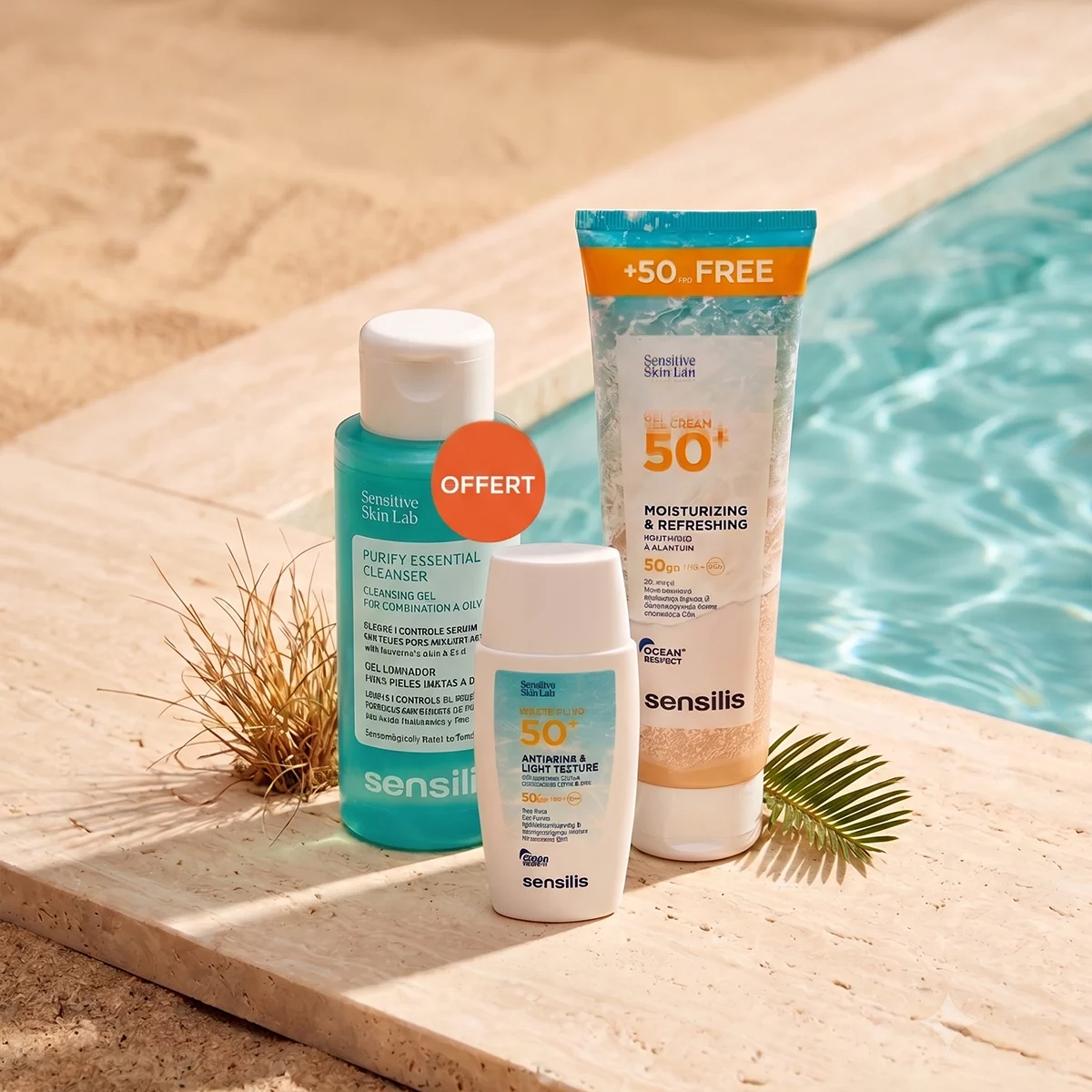 Produits Sensilis : gel nettoyant, crème solaire et écran solaire.