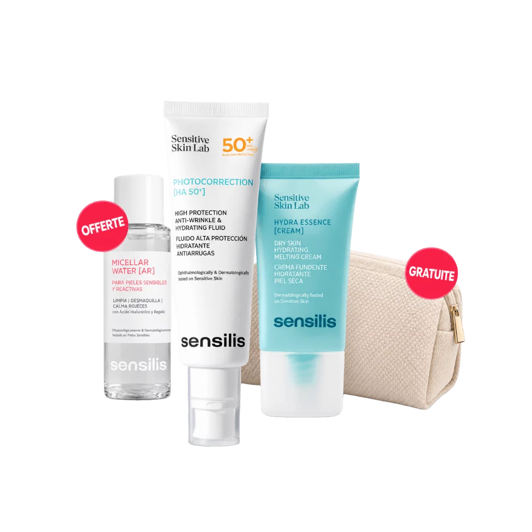 Pack Sensilis Écran Photocorrection HA 50+ SPF50+ et crème Hydra Essence avec eau micellaire et trousse offertes